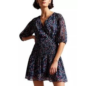 Ted Baker Casadee Wrap Mini Dress Womens Size 2 Navy Ditsy Smock Panel Tie Waist